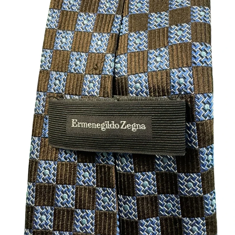 Ermenegildo Zegna Mens Brown Blue Geometric Silk Tie Italy 3.5 Inch Width